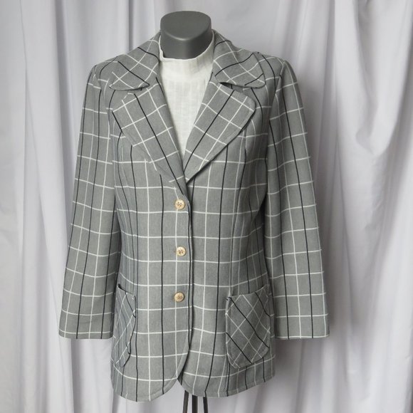 Retro Plaid Grey 1970s Vintage Paris Star Blazer - Picture 2 of 8